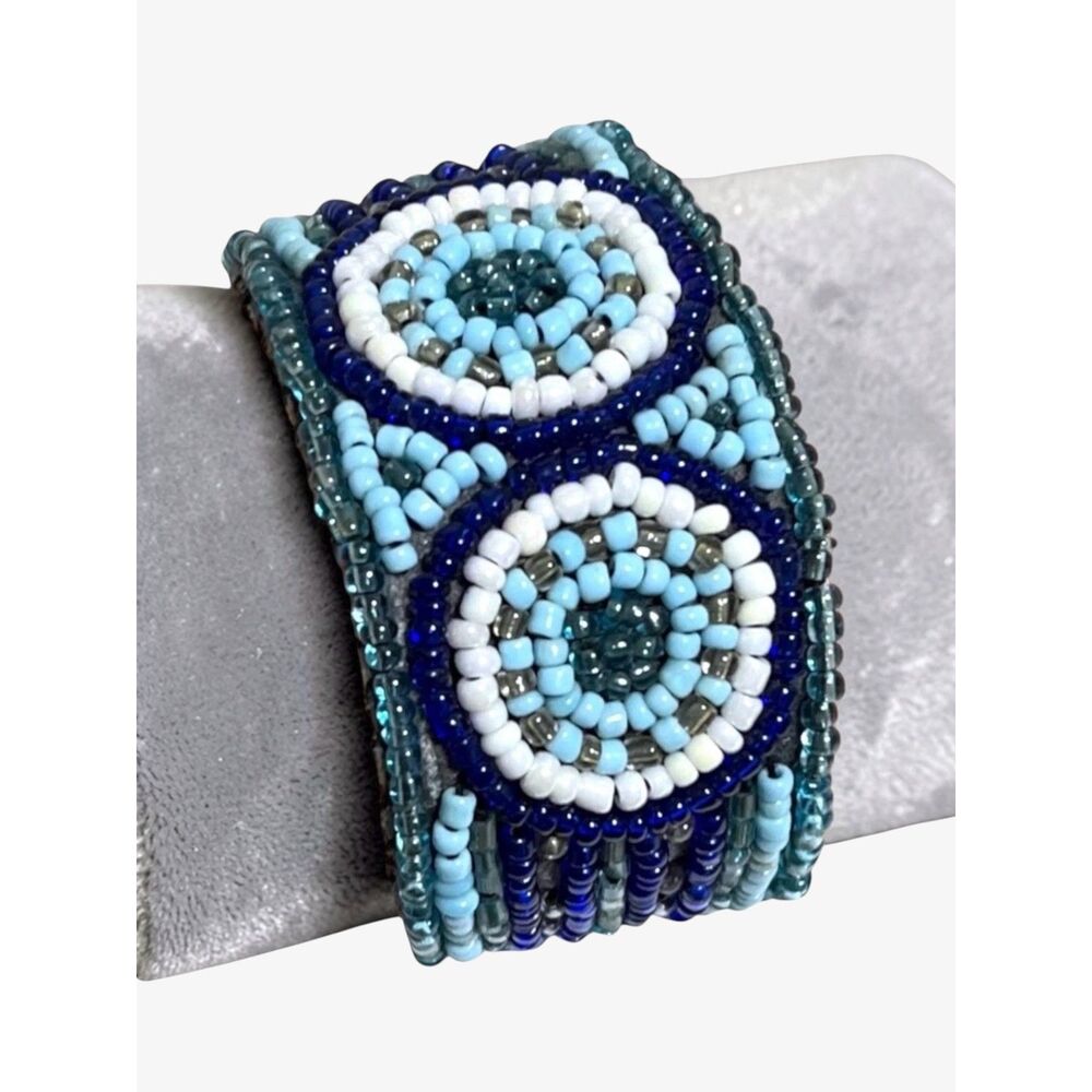 Leather Beadwork Bracelet Blue Seed Bead Wrap Handmade Artisan Boho Cuff Jewelry